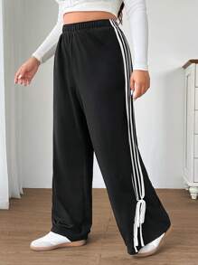 SHEIN EZwear Spodnie damskie Plus Size z elastycznym pasem i bocznymi paskami, luźne, swobodne, czarne