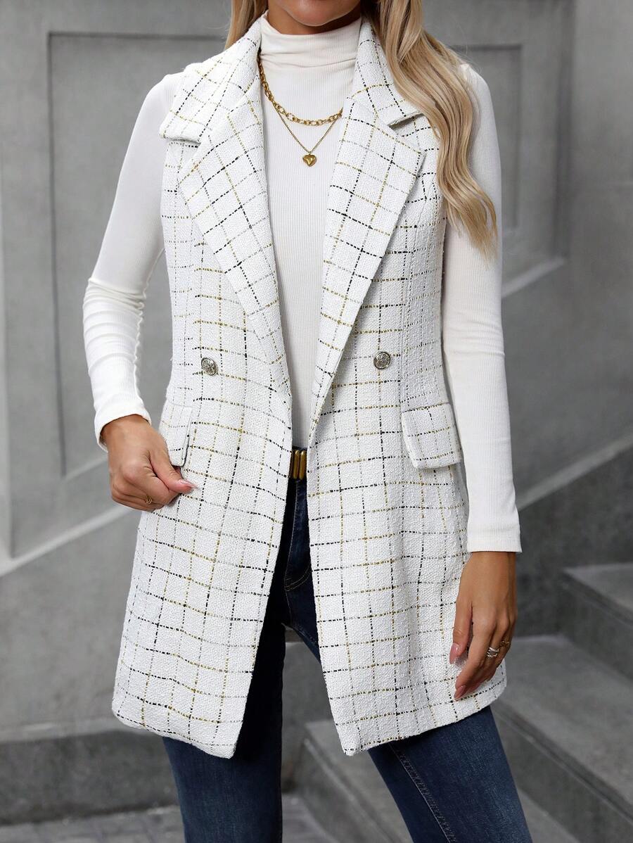 SHEIN Clasi Women's Casual & Commuting Fashion Sleeveless Double-Breasted Woolen Jacket - White - View 1