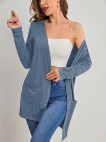 SHEIN LUNE Solid Color Long Sleeve Jacket With Pockets Fall Winter Cloth For Women - Blue - View 3