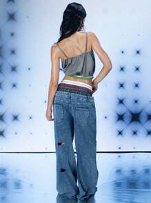 FREAK CITY Designer Women Printed Satin Drawstring Hem Casual Street Gray Cami Top, Holiday, Vacation, Spring & Summer, Beach, Going Out, Festival, Ibiza Fits - Grey - View 2