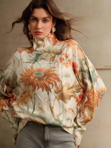 Anewsta Women's High Neck Flower Pattern Sweater, Knit Pullover Fall Winter - Beige - View 2