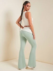 SHEIN SXY Women's Contrast Ruched Waist Flare Leggings - Green - View 2