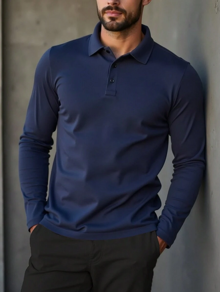 Manfinity Homme 男士纯色长袖休闲办公室 Polo 衫,春秋两季,适合秋季 - 寶藍色 - 查看 1
