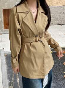 DAZY Solid Color Women Belted Long Sleeve Casual Trench Coat,Fall Clothes Women Jacket - Khaki - View 1