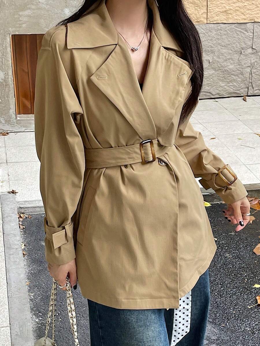 DAZY Solid Color Women Belted Long Sleeve Casual Trench Coat,Fall Clothes Women Jacket - Khaki - View 1