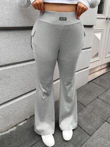 SHEIN EZwear Plus Size Women's Solid Color Pocket & Letter Print Simple Casual Pants