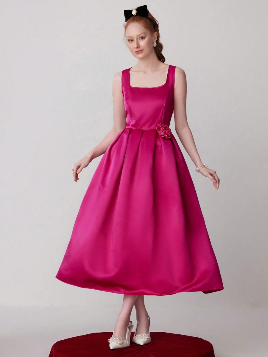 SHEIN Belle 女士方领褶皱荷叶边花卉点缀正式晚礼服 - 玫紅色 - 查看 1