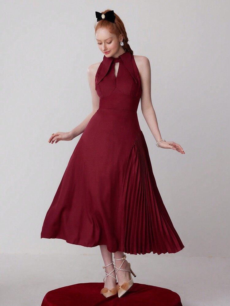 SHEIN Belle Burgundy Red Women's Elegant Open Shoulder Solid Color Formal Evening Dress (Heavy Style) - Burgundy - View 7
