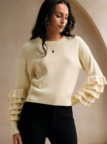 Anewsta 女士新款优雅花卉装饰毛衣，长袖圆领设计