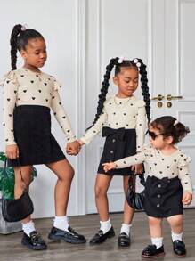 SHEIN Ensemble de 2 pièces en tricot : pull à manches longues avec cœur mignon pour bébé fille et jupe avec décoration de nœud, automne/hiver - Kaki - Voir 3