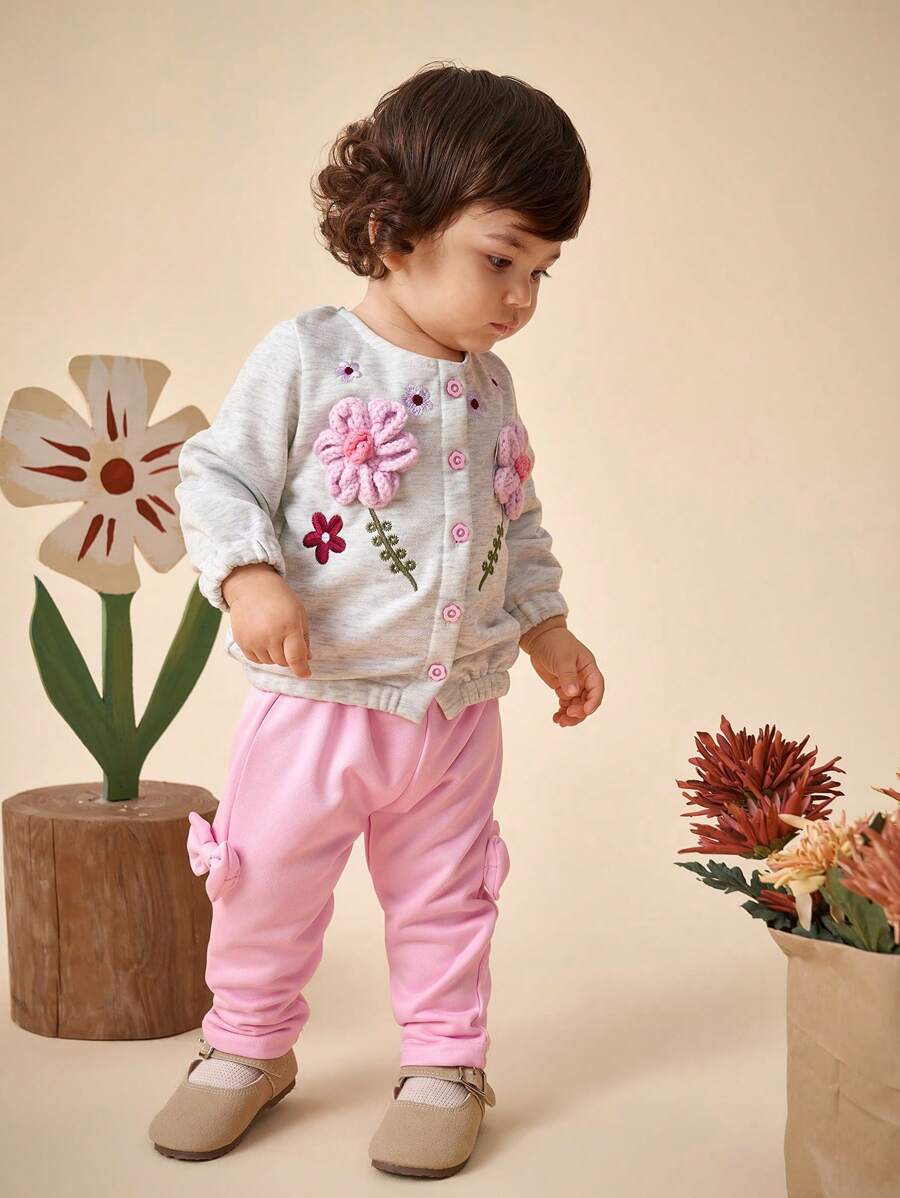 SHEIN Set 2 bucăți pentru fete cu broderie florală și pantaloni drăguți, toamnă/iarnă