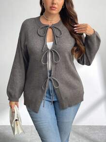 SHEIN Privé Plus Size Casual Elegant Simple Gray Long Sleeve Crew Neck Tie Cardigan For Women, Fall/Winter