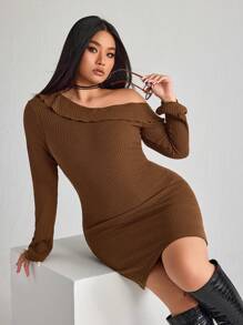 SHEIN ICON ICON 大码女式露肩长袖针织紧身连衣裙 - 棕色 - 查看 1