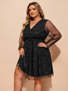 SHEIN CURVE+ Plus Size Women's Sequin Decor Mesh Long Sleeve Dress