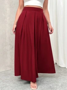 Firerie Plus Size Women Gray High-Waisted Maxi Pleated A-Line Skirt With Pockets And Elastic Waist, Back To School Spring To Summer - Red - View 3
