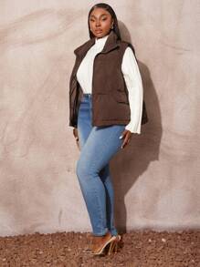 SHEIN SXY Plus Size Stand Collar Padded Vest In Solid Color, Casual Autumn/Winter - Coffee Brown - View 7