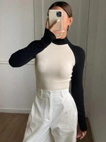 Livesso Color Block High Neck Long Sleeve Fitted Women T-Shirt
