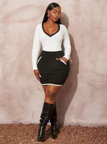 SHEIN SXY 大码女式性感妖娆黑白拼色深 V 领长袖紧身迷你连衣裙