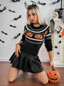 Chiquease Suéter de cuello redondo de manga larga con estampado de calabaza para mujer, jersey de punto de otoño e invierno - Multicolor - Ver 5