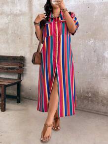 SHEIN LUNE Vestido camisa con botones delanteros, con bloques de color y rayas, tallas grandes, otoño