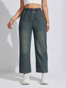 女士休闲宽松松紧腰直筒牛仔裤，适合春夏季 - 軍綠色 - 查看 5