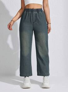 Jeans droits décontractés avec taille élastique lâche pour femmes, convient pour le printemps et l'été