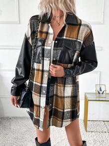 SHEIN LUNE Jaket Wanita Kasual untuk Berpergian, Motif Kotak-kotak, Patchwork, Blok Warna, Resleting, Cocok untuk Musim Gugur. - MultiWarna - View 1