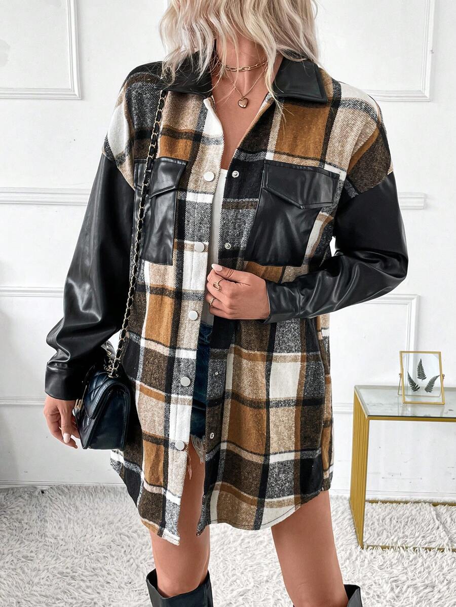SHEIN LUNE Jaket Wanita Kasual untuk Berpergian, Motif Kotak-kotak, Patchwork, Blok Warna, Resleting, Cocok untuk Musim Gugur. - MultiWarna - View 1