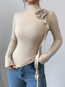 Firerie 女士亚麻色罗纹花卉图案立领长袖 T 恤