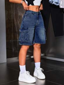 SHEIN ICON Pantalones cortos vaqueros casuales lisos con bolsillos, verano