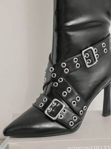 SHUZIA Pointy Toe Boots Hardware On Straps - Black - View 6