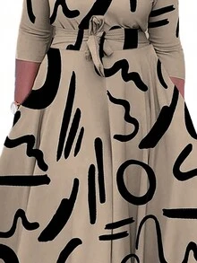 Đầm thường ngày tay dài in họa tiết sọc cỡ lớn cho nữ, mùa thu - Màu Khaki - Xem 5