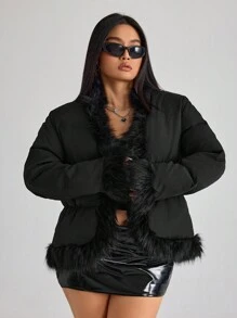 SHEIN ICON ICON Plus Size Women's Patchwork Fur Collar Short Down& Feathers Jacket - Black - View 4