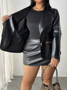 SHEIN Privé Jaqueta de Couro Sintético (PU) com Bolsos com Zíper e Lapela, Moda Plus Size para Outono e Inverno