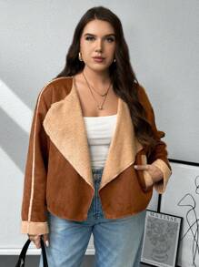 SHEIN Privé 大码女式咖啡棕色蓬松内衬保暖毛绒夹克，秋冬款 - 咖啡棕 - 查看 5