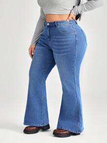 SHEIN CURVE+ Blue Plus Size Jeans Skinny Stretch Flared Pants Comfortable And Versatile - Medium Wash - View 4