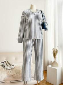 SHEIN Frenchy Plus Size Striped Long Sleeve Shirt And Pants 2 Pieces Set, Casual, Autumn - Multicolor - View 1