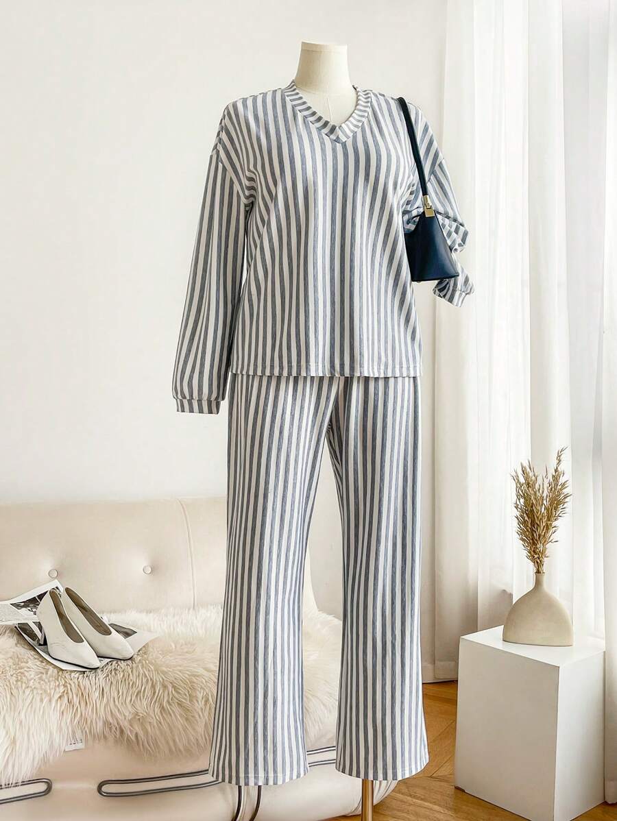 SHEIN Frenchy Plus Size Striped Long Sleeve Shirt And Pants 2 Pieces Set, Casual, Autumn - Multicolor - View 1