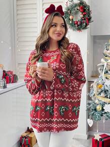 SHEIN Essnce 大码女式秋冬休闲舒适宽松长袖套头衫红色姜饼雪花圣诞上衣 T 恤、圣诞服装、圣诞上衣、可爱上衣、红色上衣、节日服装、图案 T 恤、曲线圣诞、圣诞老人 - 紅色 - 查看 3