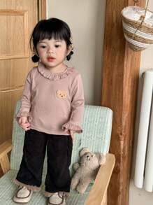 SHEIN 3 pièces Ensemble de hauts à manches longues avec col montant et broderie, style décontracté pour nouveau-nés et bébés filles, printemps automne