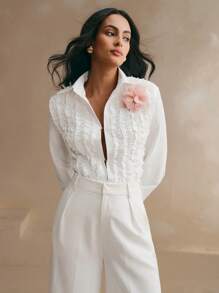 Anewsta Ruffled Shirt Set For Women, Autumn/Winter - White - View 6