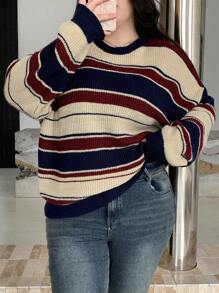Dazy Plus Plus Size Women's Plus Size Striped Long Sleeve Loose Knitted Pullover Sweater, For Fall/Winter - Multicolor - View 6