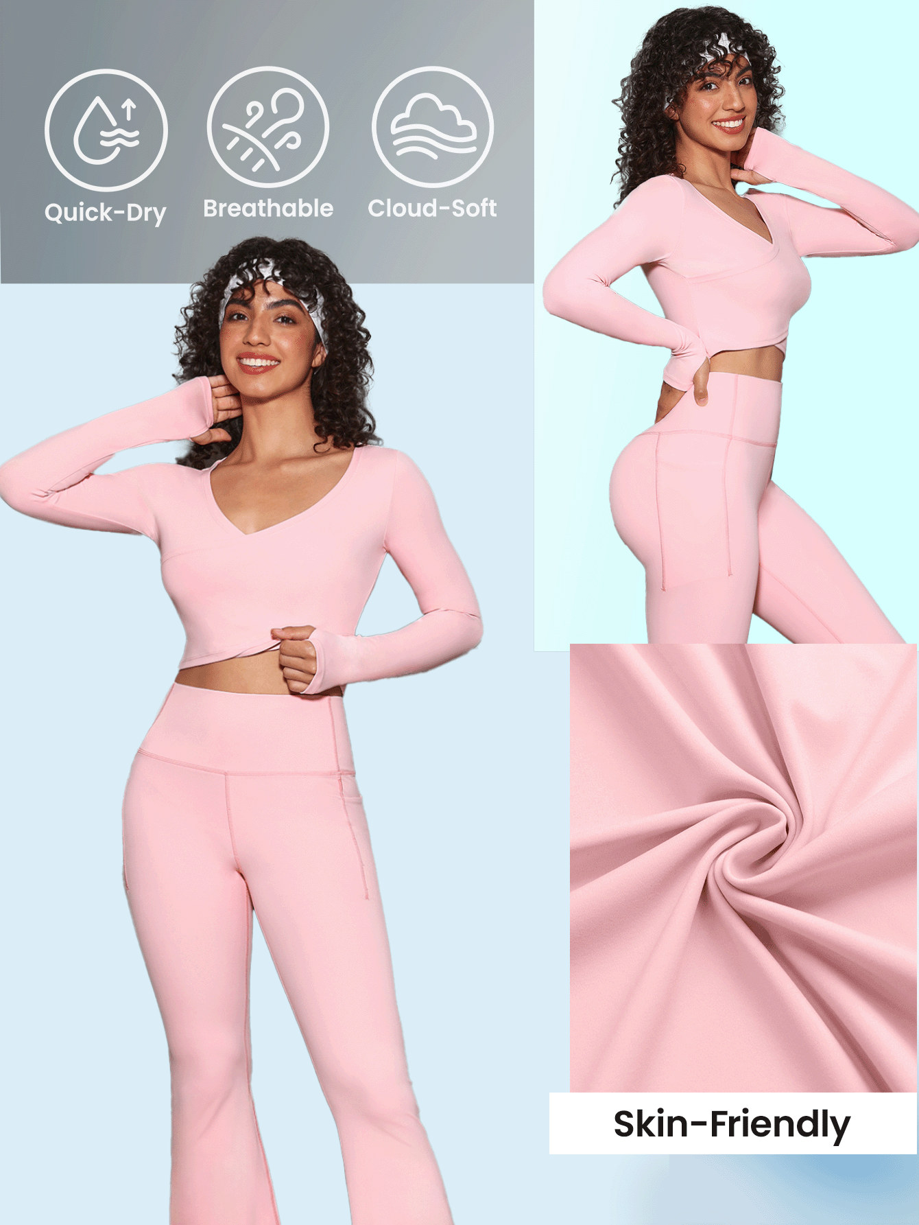 SHEIN Sports 女士纯色 V 领长袖上衣和喇叭裤运动服套装情人节女士健身套装女士健身套装 - 粉色 - 查看 3