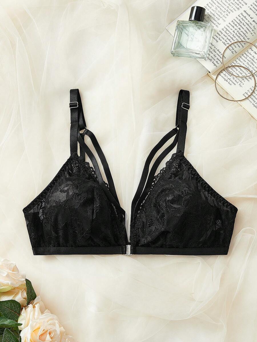 سوتيانات مقاسات كبيرة وسوتيانات بدون سلك، جاذبية جنسية، إغلاق من الأمام، دانتيل متباين اللون، ديكور شريطي، ملابس داخلية - الأسود - مشاهدة 1