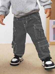 SHEIN Baby Boy Cool Multiple Pockets And Contrast Stitching Denim Jeans,Versatile For Outdoor Wear - Dark Grey - View 3