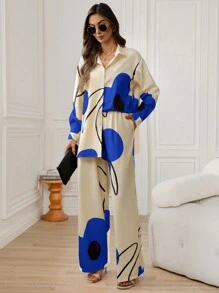 SHEIN LUNE 2 件套女士休闲花卉印花长袖衬衫套装，返校季 - 藍色 - 查看 6