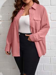 SHEIN Essnce Plus Size Women's Solid Color Simple Daily Long Sleeve Shirt - Coral Pink - View 3