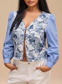 Forever 21 大码女式花卉图案泡泡袖衬衫，春季和秋季 - 藍色 - 查看 3