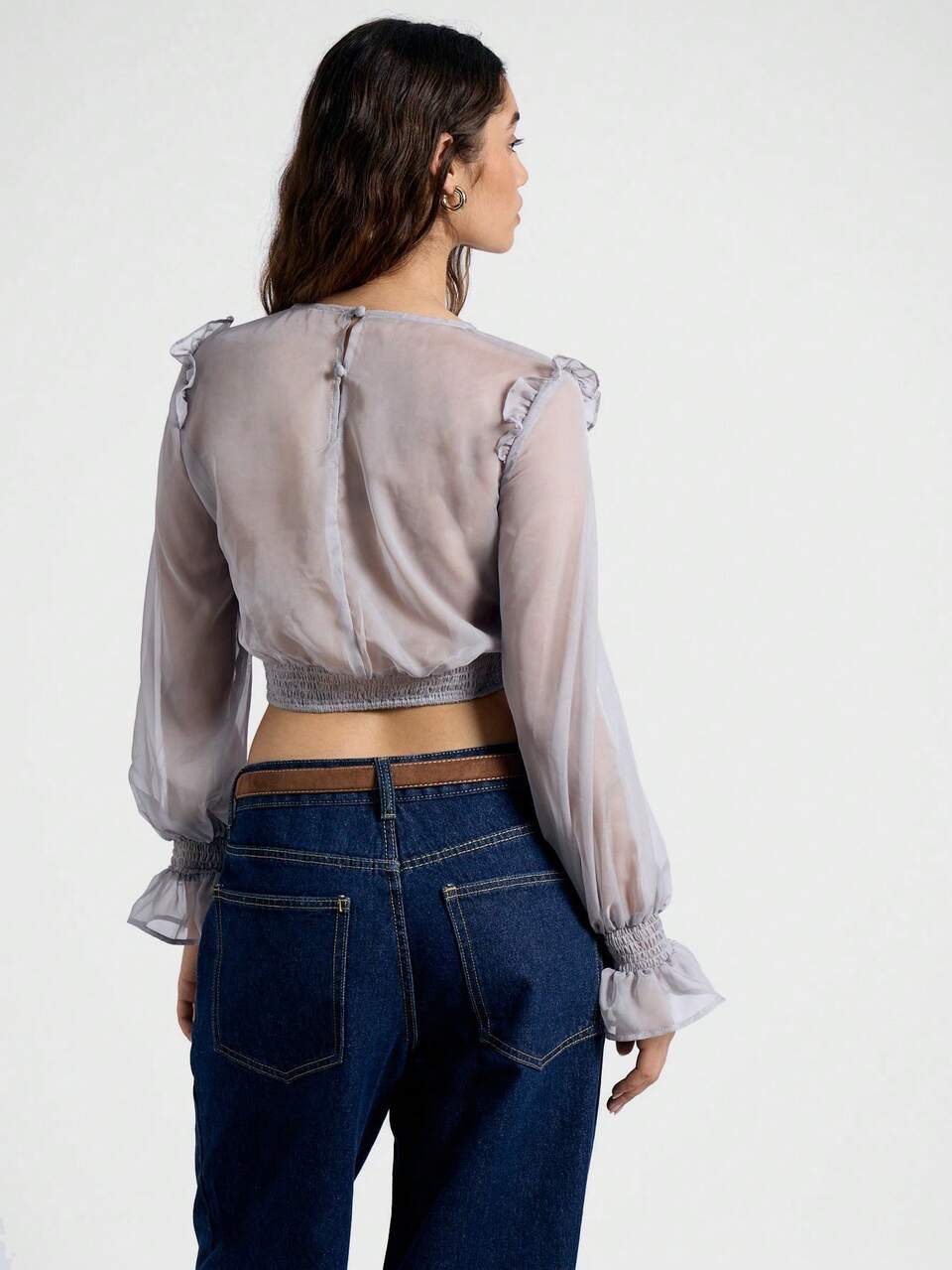 AiiRZ Boho Sheer Ruffle Trim Balloon Sleeve Crop Top