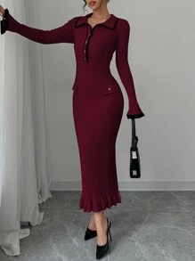 Selianne 女士优雅撞色翻领喇叭袖针织毛衣连衣裙，秋季 - 酒紅色 - 查看 6